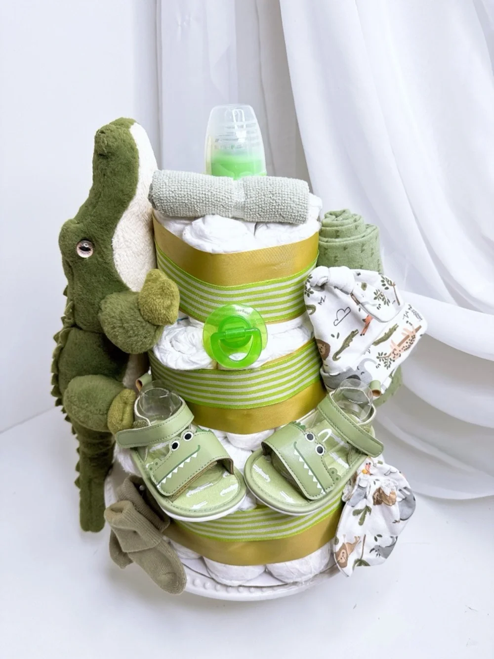 Green Crocodile Baby Diaper Cake Gift Set
